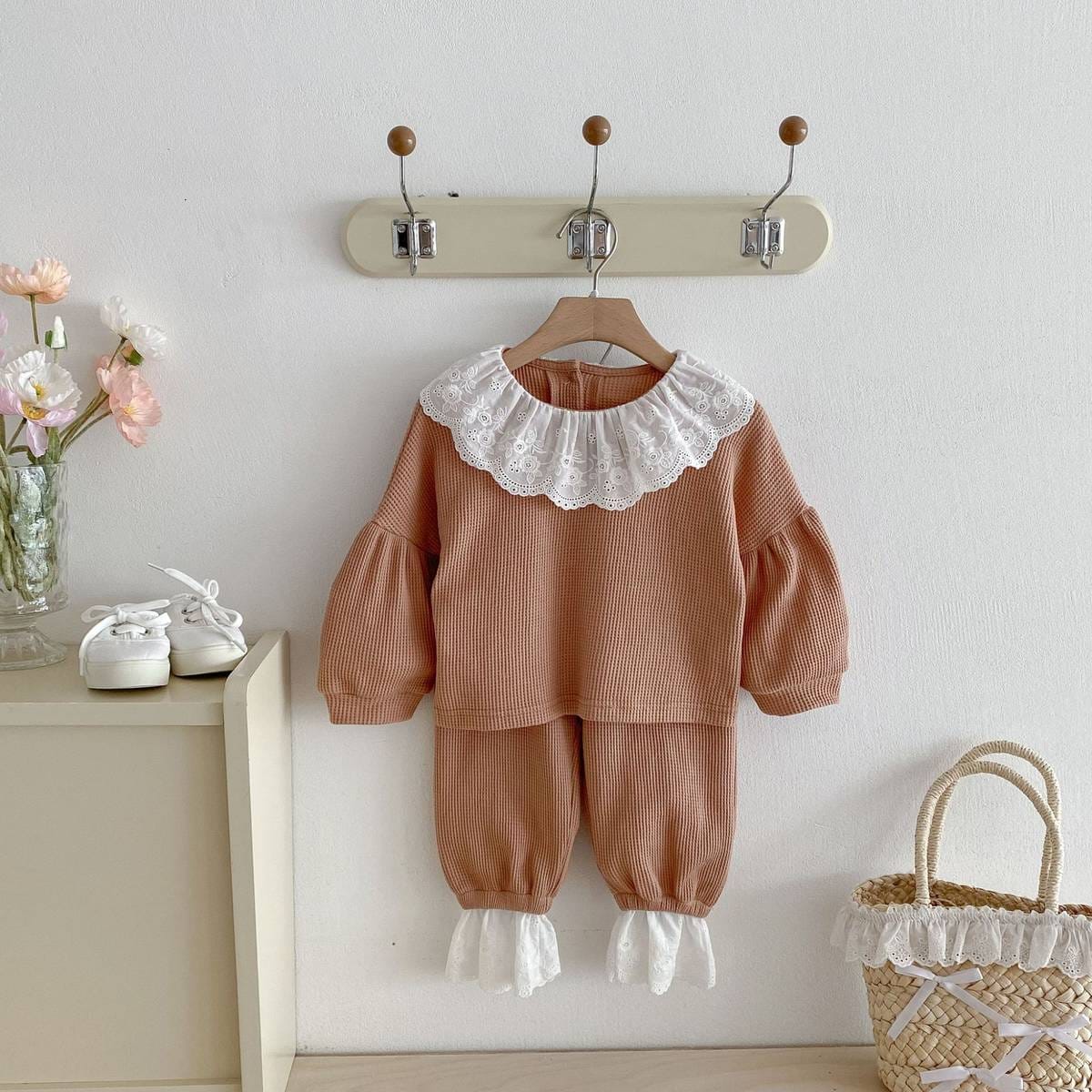 長袖セットアップ 長袖トップス+パンツ ワッフル生地 レース襟 メロウフリル セットアップ 2点セット【mh0011380】