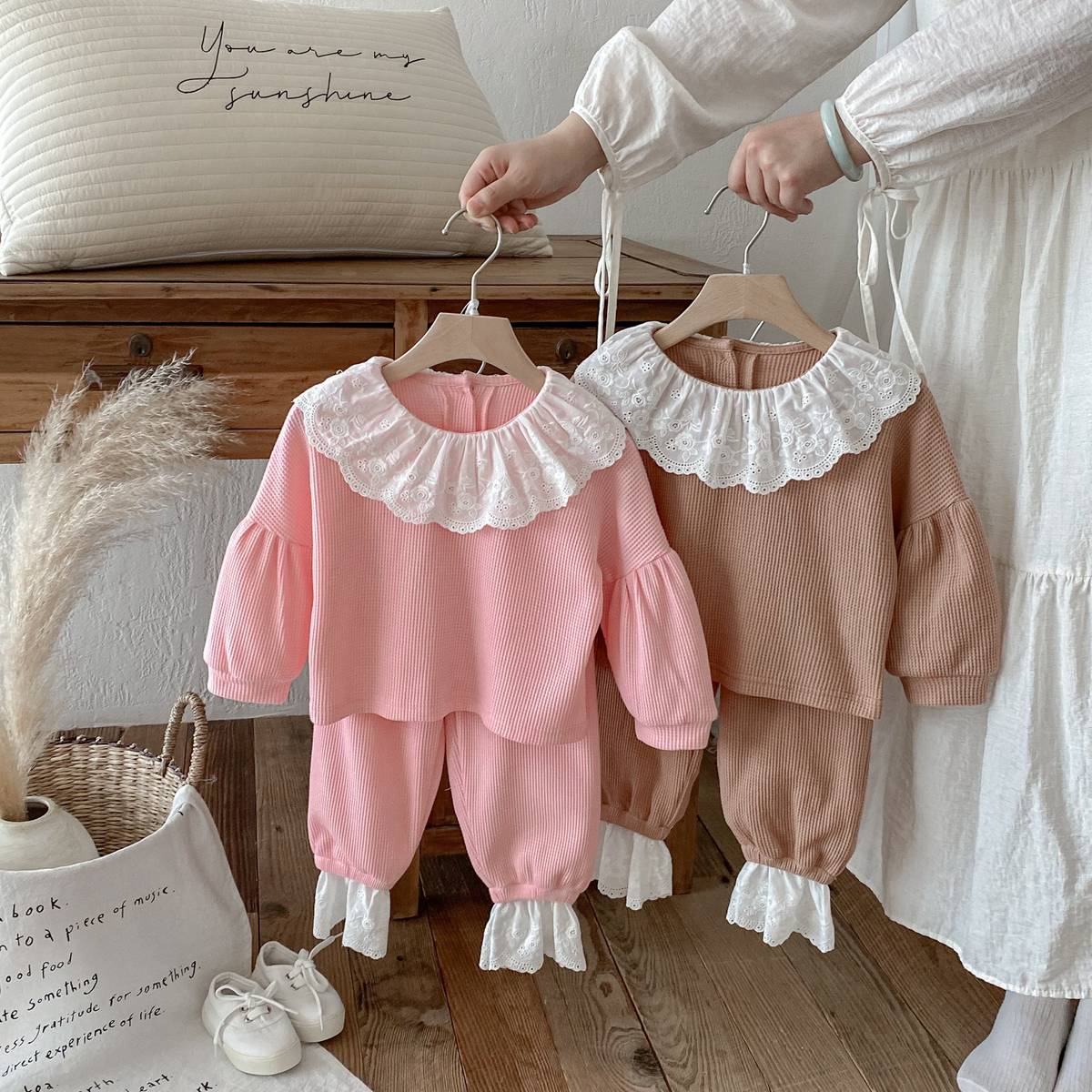 長袖セットアップ 長袖トップス+パンツ ワッフル生地 レース襟 メロウフリル セットアップ 2点セット【mh0011380】