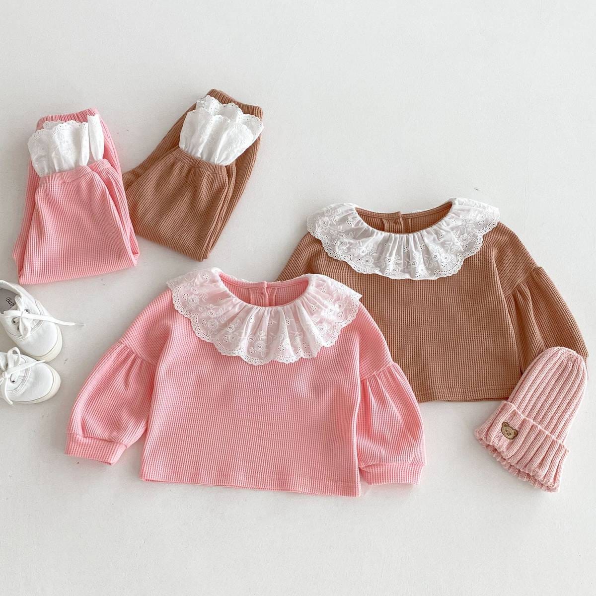 長袖セットアップ 長袖トップス+パンツ ワッフル生地 レース襟 メロウフリル セットアップ 2点セット【mh0011380】