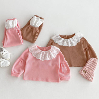 長袖セットアップ 長袖トップス+パンツ ワッフル生地 レース襟 メロウフリル セットアップ 2点セット【mh0011380】