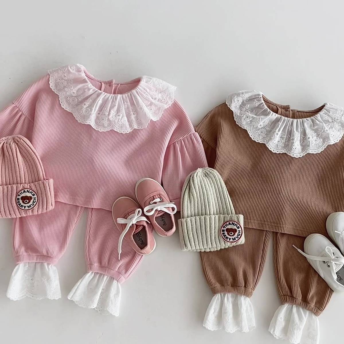 長袖セットアップ 長袖トップス+パンツ ワッフル生地 レース襟 メロウフリル セットアップ 2点セット【mh0011380】