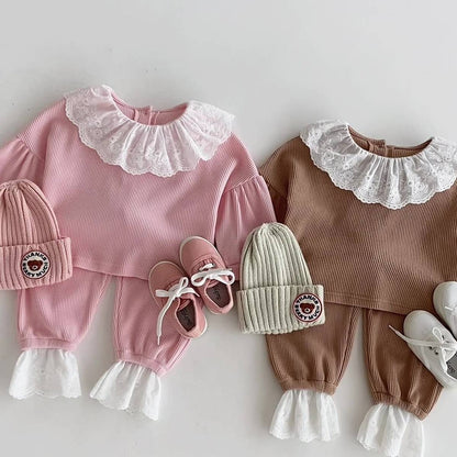 長袖セットアップ 長袖トップス+パンツ ワッフル生地 レース襟 メロウフリル セットアップ 2点セット【mh0011380】