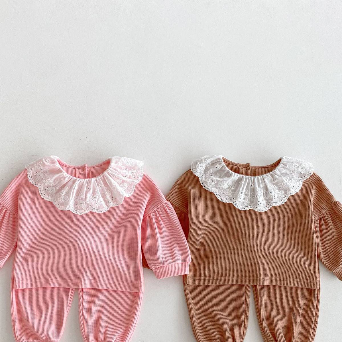 長袖セットアップ 長袖トップス+パンツ ワッフル生地 レース襟 メロウフリル セットアップ 2点セット【mh0011380】