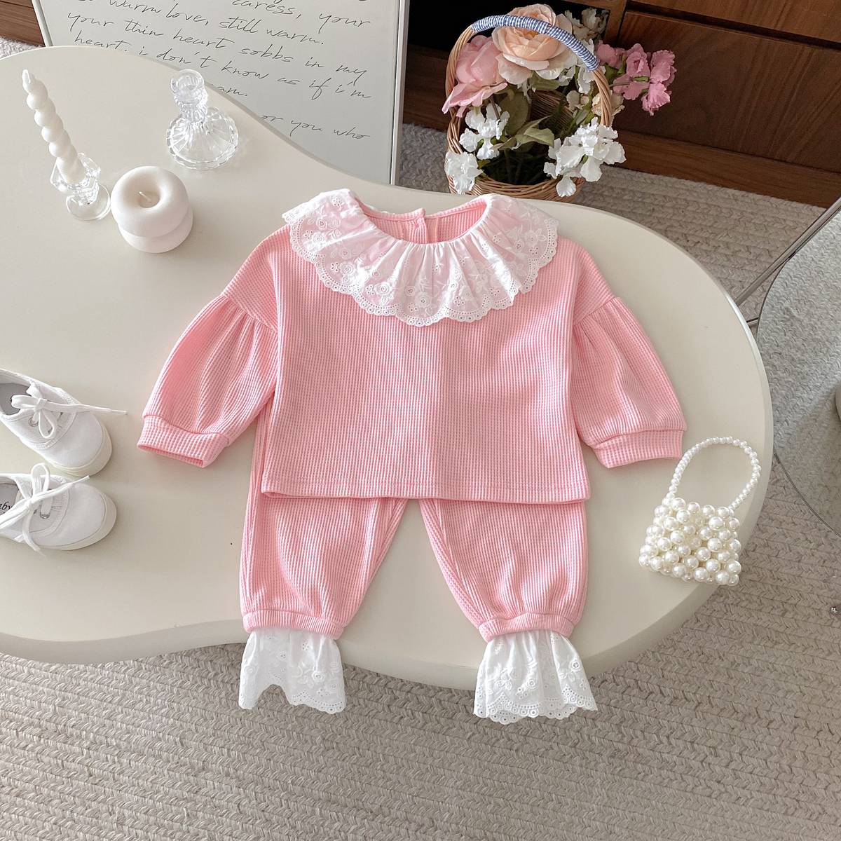 長袖セットアップ 長袖トップス+パンツ ワッフル生地 レース襟 メロウフリル セットアップ 2点セット【mh0011380】