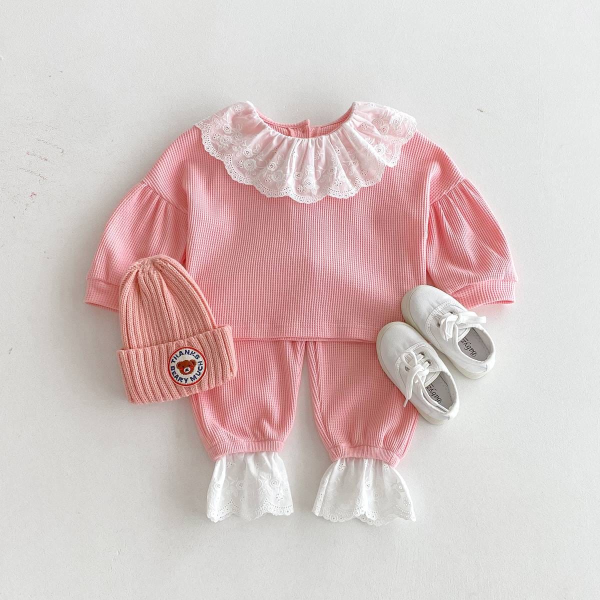 長袖セットアップ 長袖トップス+パンツ ワッフル生地 レース襟 メロウフリル セットアップ 2点セット【mh0011380】