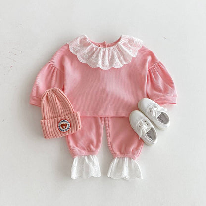 長袖セットアップ 長袖トップス+パンツ ワッフル生地 レース襟 メロウフリル セットアップ 2点セット【mh0011380】