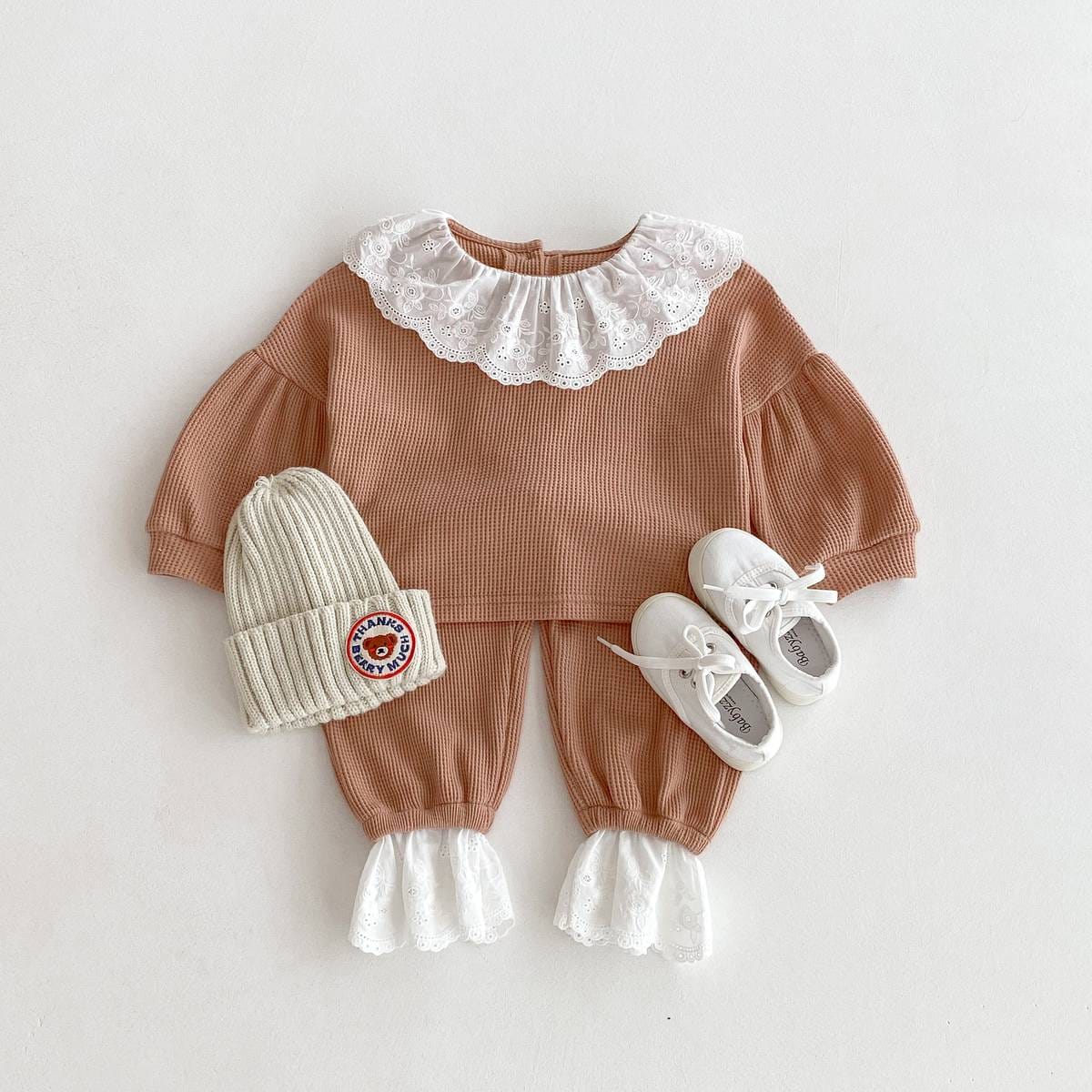 長袖セットアップ 長袖トップス+パンツ ワッフル生地 レース襟 メロウフリル セットアップ 2点セット【mh0011380】