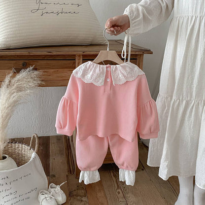 長袖セットアップ 長袖トップス+パンツ ワッフル生地 レース襟 メロウフリル セットアップ 2点セット【mh0011380】