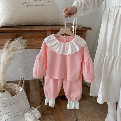 長袖セットアップ 長袖トップス+パンツ ワッフル生地 レース襟 メロウフリル セットアップ 2点セット【mh0011380】
