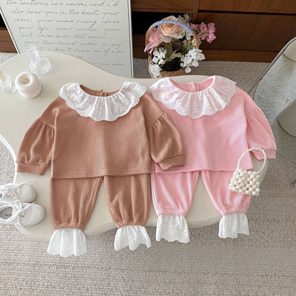 長袖セットアップ 長袖トップス+パンツ ワッフル生地 レース襟 メロウフリル セットアップ 2点セット【mh0011380】