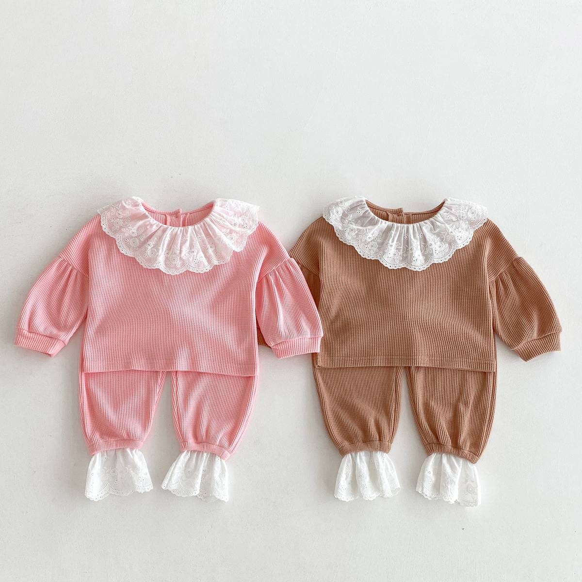 長袖セットアップ 長袖トップス+パンツ ワッフル生地 レース襟 メロウフリル セットアップ 2点セット【mh0011380】