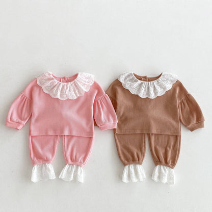 長袖セットアップ 長袖トップス+パンツ ワッフル生地 レース襟 メロウフリル セットアップ 2点セット【mh0011380】