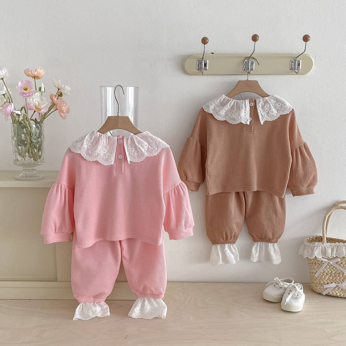 長袖セットアップ 長袖トップス+パンツ ワッフル生地 レース襟 メロウフリル セットアップ 2点セット【mh0011380】