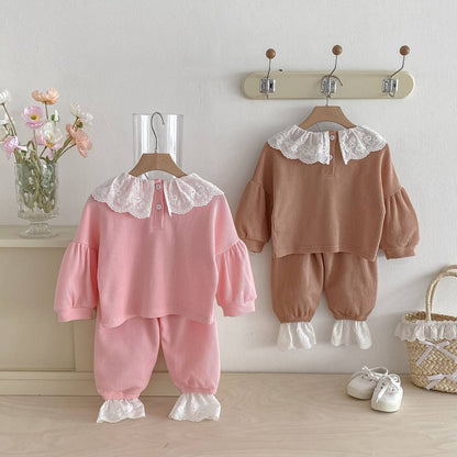長袖セットアップ 長袖トップス+パンツ ワッフル生地 レース襟 メロウフリル セットアップ 2点セット【mh0011380】