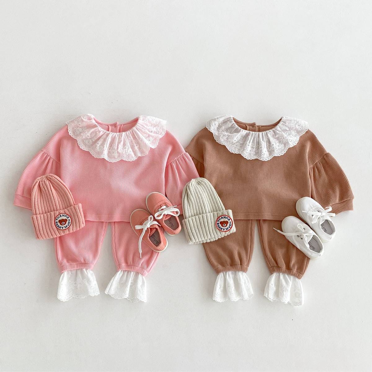 長袖セットアップ 長袖トップス+パンツ ワッフル生地 レース襟 メロウフリル セットアップ 2点セット【mh0011380】