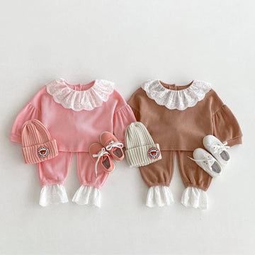 長袖セットアップ 長袖トップス+パンツ ワッフル生地 レース襟 メロウフリル セットアップ 2点セット【mh0011380】