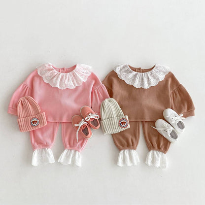 長袖セットアップ 長袖トップス+パンツ ワッフル生地 レース襟 メロウフリル セットアップ 2点セット【mh0011380】