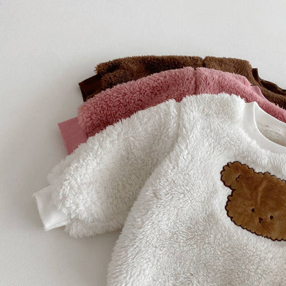 長袖セットアップ 長袖トレーナー+スウェットパンツ セットアップ 2点セット ボア生地 くまうさぎ アップリケ あったか【mh0011381】