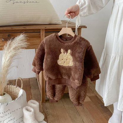 長袖セットアップ 長袖トレーナー+スウェットパンツ セットアップ 2点セット ボア生地 くまうさぎ アップリケ あったか【mh0011381】