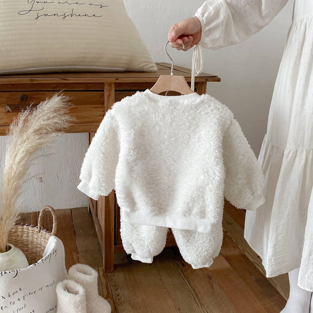 長袖セットアップ 長袖トレーナー+スウェットパンツ セットアップ 2点セット ボア生地 くまうさぎ アップリケ あったか【mh0011381】