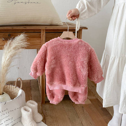 長袖セットアップ 長袖トレーナー+スウェットパンツ セットアップ 2点セット ボア生地 くまうさぎ アップリケ あったか【mh0011381】