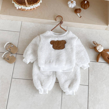 長袖セットアップ 長袖トレーナー+スウェットパンツ セットアップ 2点セット ボア生地 くまうさぎ アップリケ あったか【mh0011381】