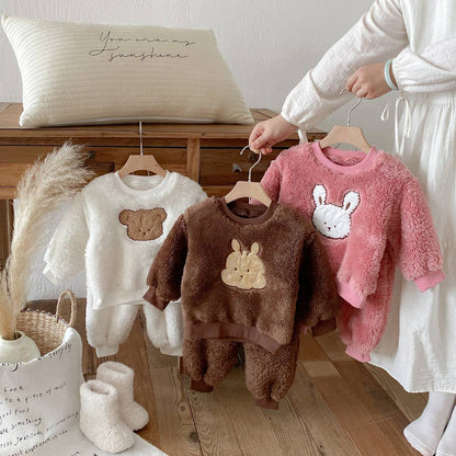 長袖セットアップ 長袖トレーナー+スウェットパンツ セットアップ 2点セット ボア生地 くまうさぎ アップリケ あったか【mh0011381】