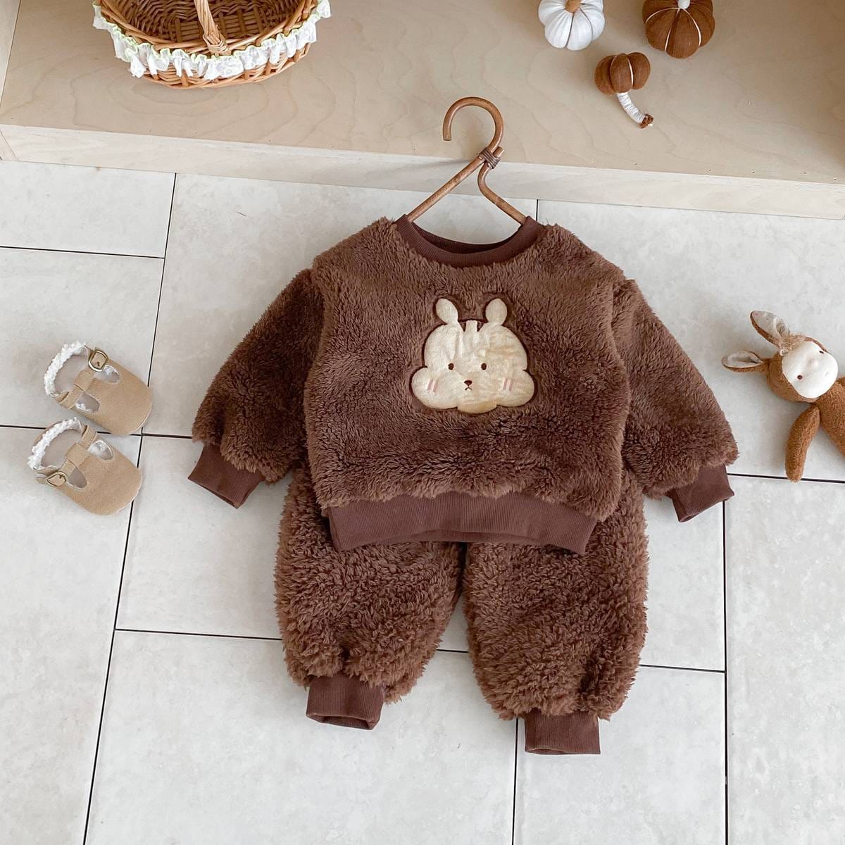 長袖セットアップ 長袖トレーナー+スウェットパンツ セットアップ 2点セット ボア生地 くまうさぎ アップリケ あったか【mh0011381】