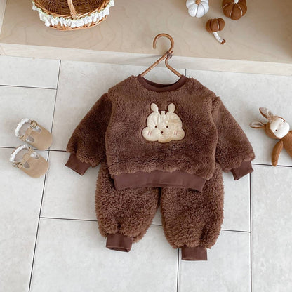 長袖セットアップ 長袖トレーナー+スウェットパンツ セットアップ 2点セット ボア生地 くまうさぎ アップリケ あったか【mh0011381】