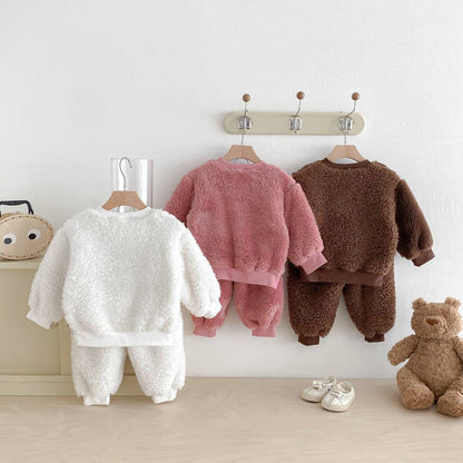 長袖セットアップ 長袖トレーナー+スウェットパンツ セットアップ 2点セット ボア生地 くまうさぎ アップリケ あったか【mh0011381】