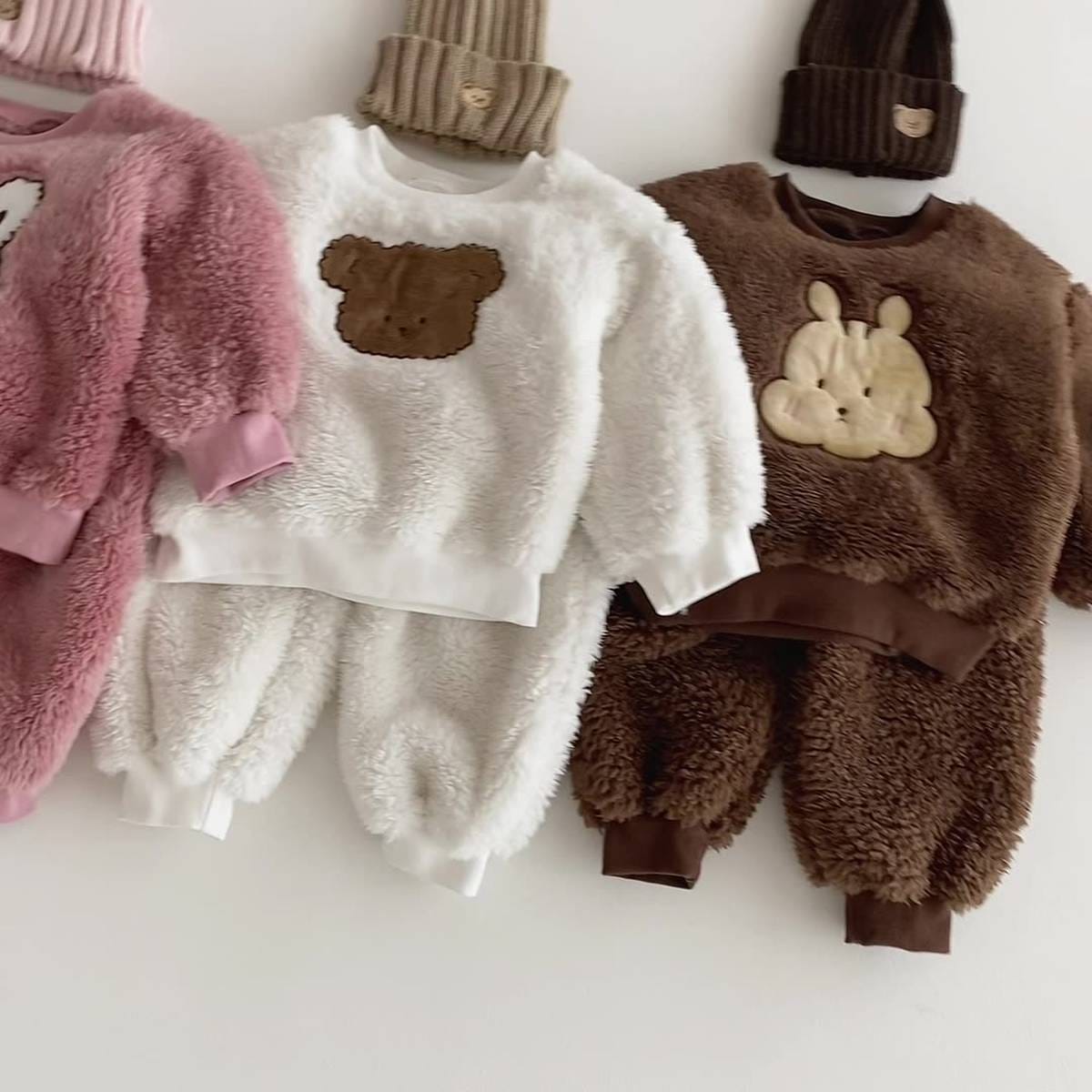 長袖セットアップ 長袖トレーナー+スウェットパンツ セットアップ 2点セット ボア生地 くまうさぎ アップリケ あったか【mh0011381】