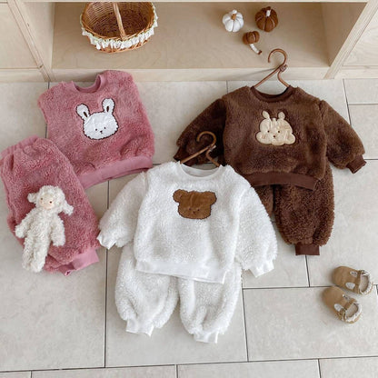 長袖セットアップ 長袖トレーナー+スウェットパンツ セットアップ 2点セット ボア生地 くまうさぎ アップリケ あったか【mh0011381】