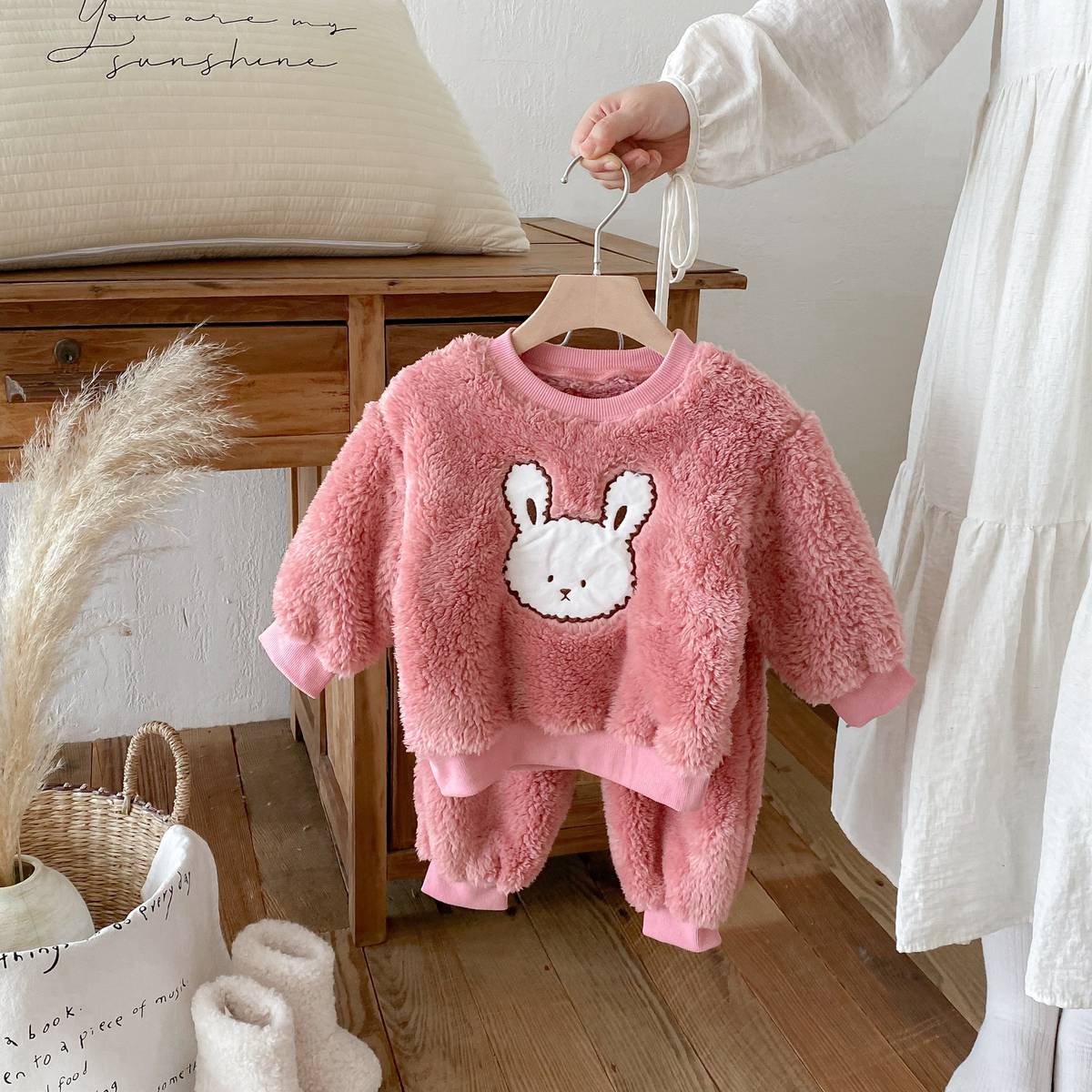 長袖セットアップ 長袖トレーナー+スウェットパンツ セットアップ 2点セット ボア生地 くまうさぎ アップリケ あったか【mh0011381】