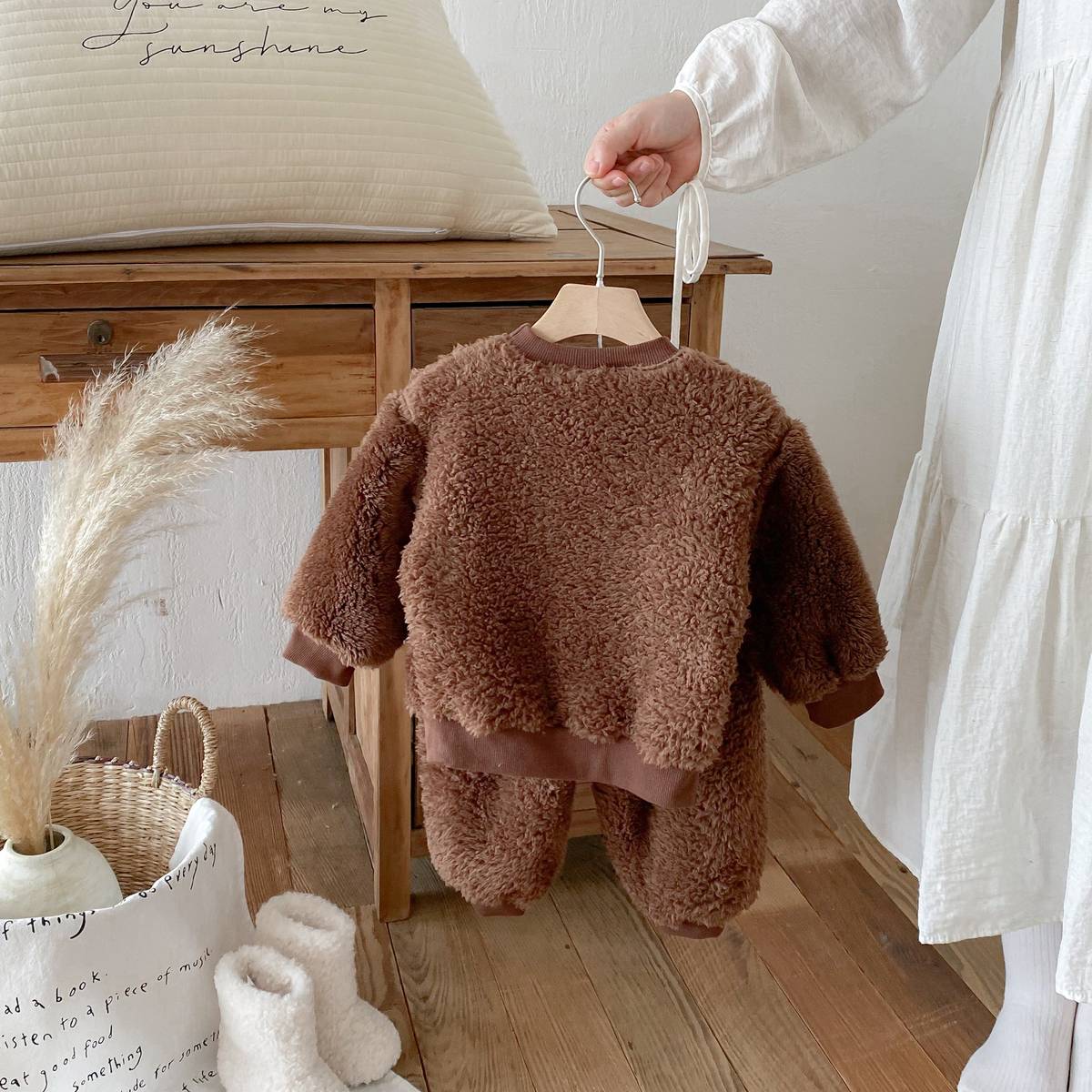 長袖セットアップ 長袖トレーナー+スウェットパンツ セットアップ 2点セット ボア生地 くまうさぎ アップリケ あったか【mh0011381】