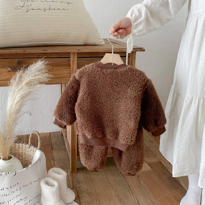 長袖セットアップ 長袖トレーナー+スウェットパンツ セットアップ 2点セット ボア生地 くまうさぎ アップリケ あったか【mh0011381】