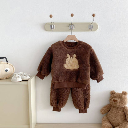 長袖セットアップ 長袖トレーナー+スウェットパンツ セットアップ 2点セット ボア生地 くまうさぎ アップリケ あったか【mh0011381】