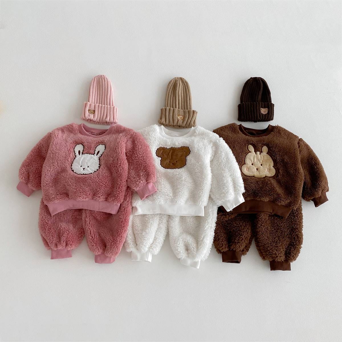 長袖セットアップ 長袖トレーナー+スウェットパンツ セットアップ 2点セット ボア生地 くまうさぎ アップリケ あったか【mh0011381】