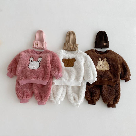 長袖セットアップ 長袖トレーナー+スウェットパンツ セットアップ 2点セット ボア生地 くまうさぎ アップリケ あったか【mh0011381】