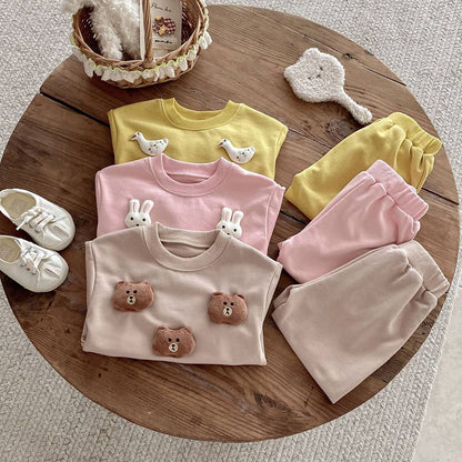 長袖セットアップ 長袖トレーナー+スウェットパンツ セットアップ 2点セット アニマル立体モチーフ くまうさぎ【mh0011385】