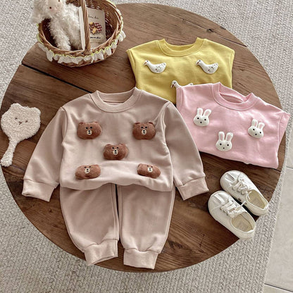 長袖セットアップ 長袖トレーナー+スウェットパンツ セットアップ 2点セット アニマル立体モチーフ くまうさぎ【mh0011385】