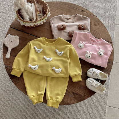 長袖セットアップ 長袖トレーナー+スウェットパンツ セットアップ 2点セット アニマル立体モチーフ くまうさぎ【mh0011385】