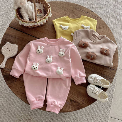 長袖セットアップ 長袖トレーナー+スウェットパンツ セットアップ 2点セット アニマル立体モチーフ くまうさぎ【mh0011385】