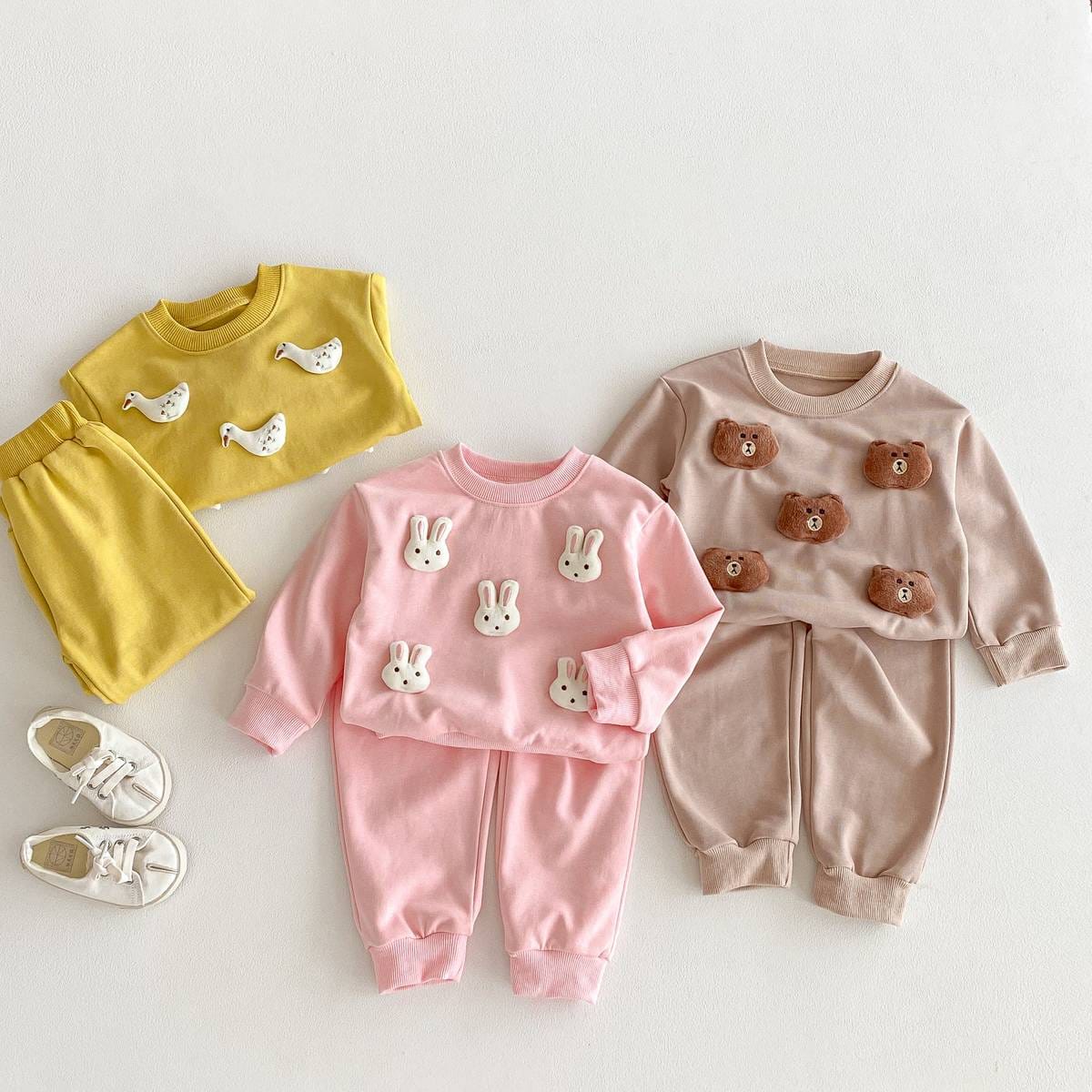 長袖セットアップ 長袖トレーナー+スウェットパンツ セットアップ 2点セット アニマル立体モチーフ くまうさぎ【mh0011385】