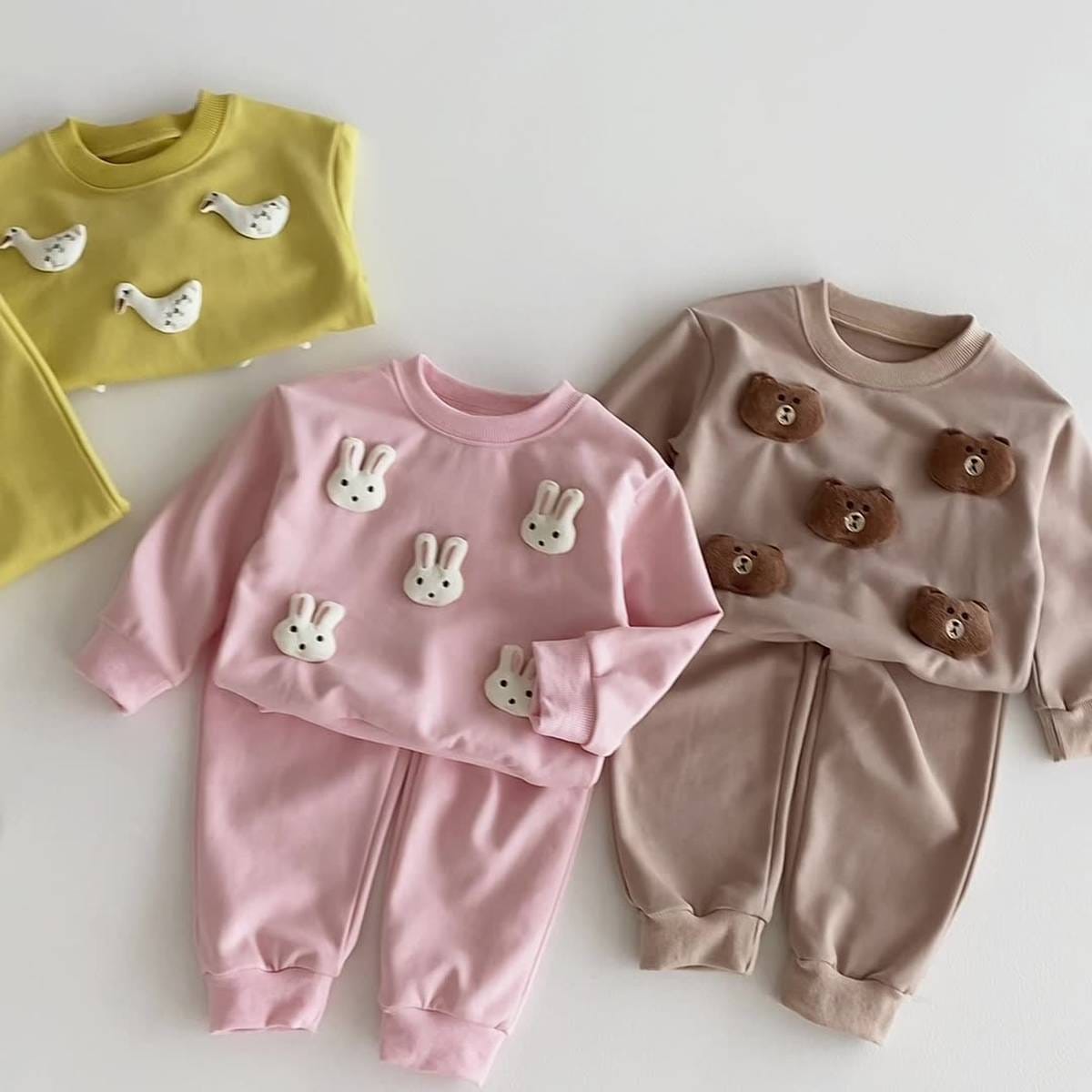 長袖セットアップ 長袖トレーナー+スウェットパンツ セットアップ 2点セット アニマル立体モチーフ くまうさぎ【mh0011385】