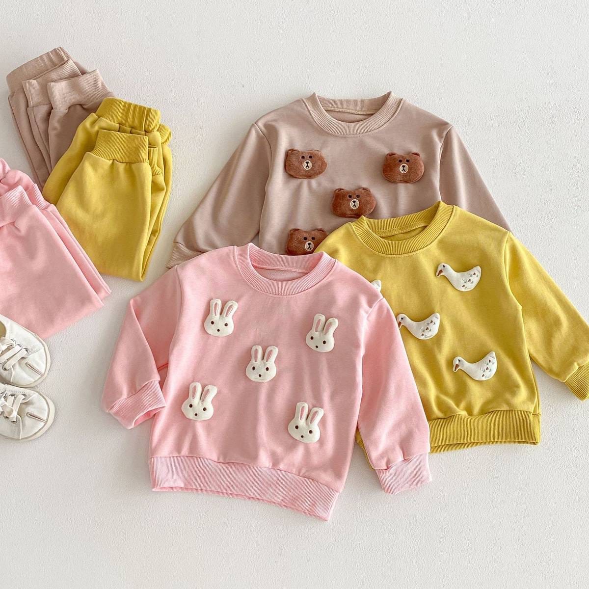 長袖セットアップ 長袖トレーナー+スウェットパンツ セットアップ 2点セット アニマル立体モチーフ くまうさぎ【mh0011385】