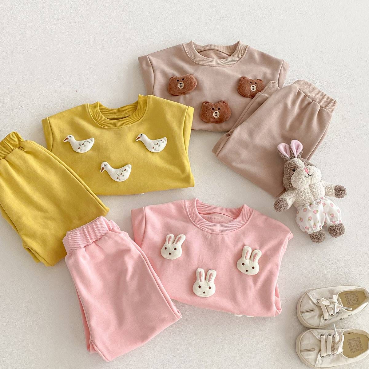 長袖セットアップ 長袖トレーナー+スウェットパンツ セットアップ 2点セット アニマル立体モチーフ くまうさぎ【mh0011385】