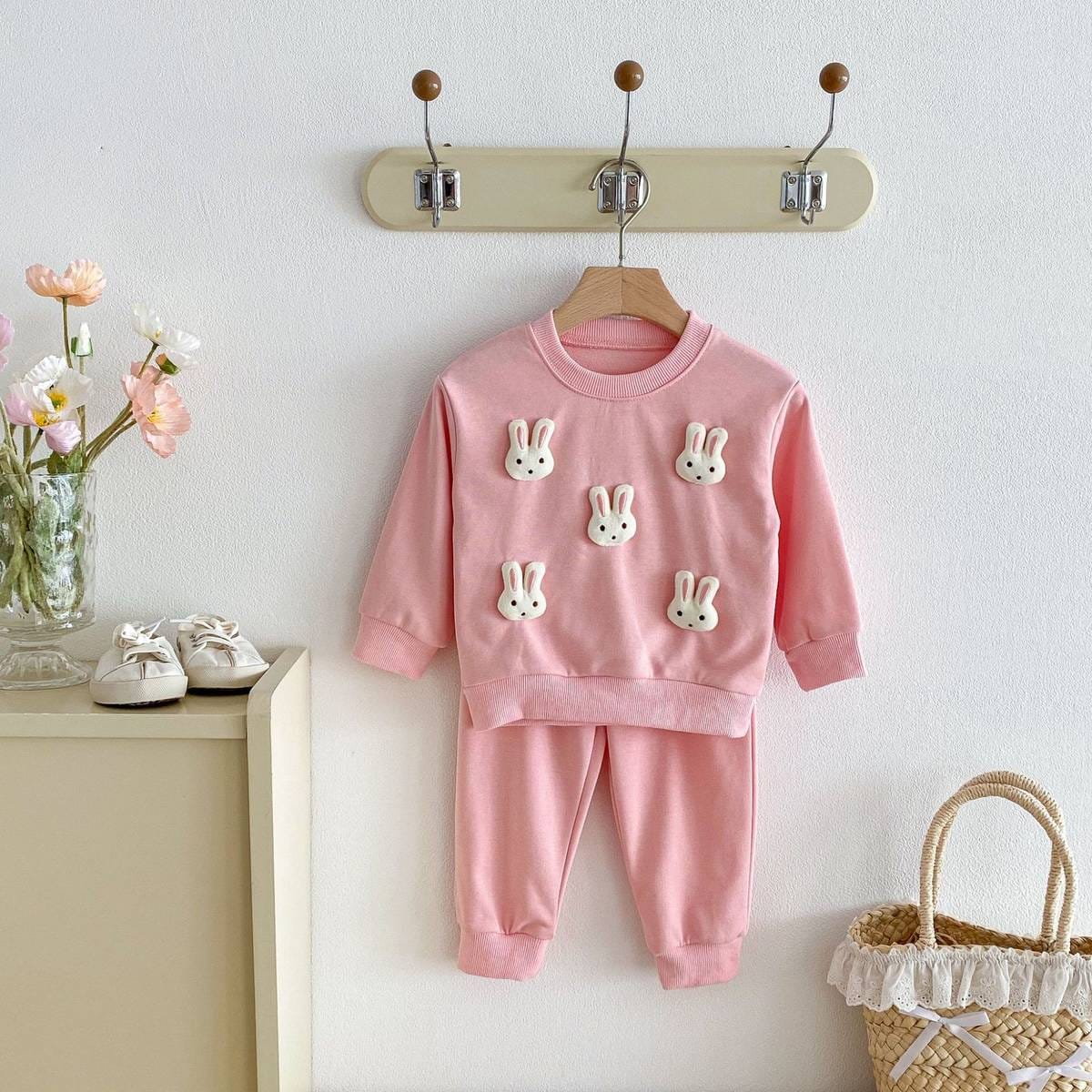 長袖セットアップ 長袖トレーナー+スウェットパンツ セットアップ 2点セット アニマル立体モチーフ くまうさぎ【mh0011385】