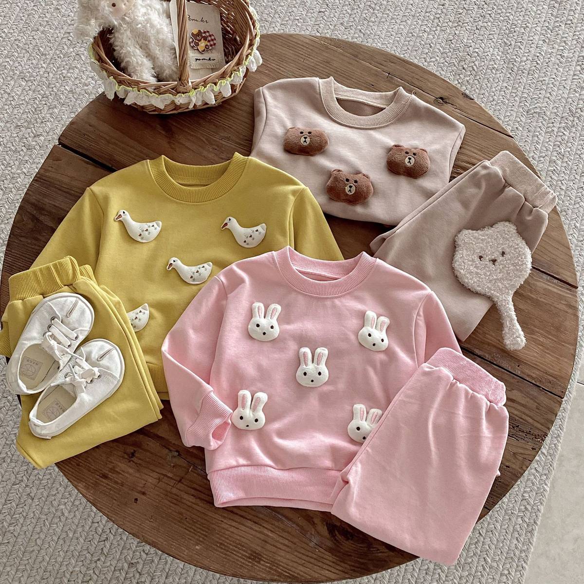 長袖セットアップ 長袖トレーナー+スウェットパンツ セットアップ 2点セット アニマル立体モチーフ くまうさぎ【mh0011385】