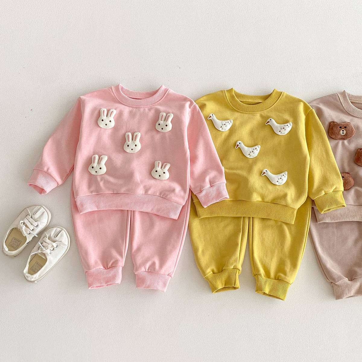 長袖セットアップ 長袖トレーナー+スウェットパンツ セットアップ 2点セット アニマル立体モチーフ くまうさぎ【mh0011385】