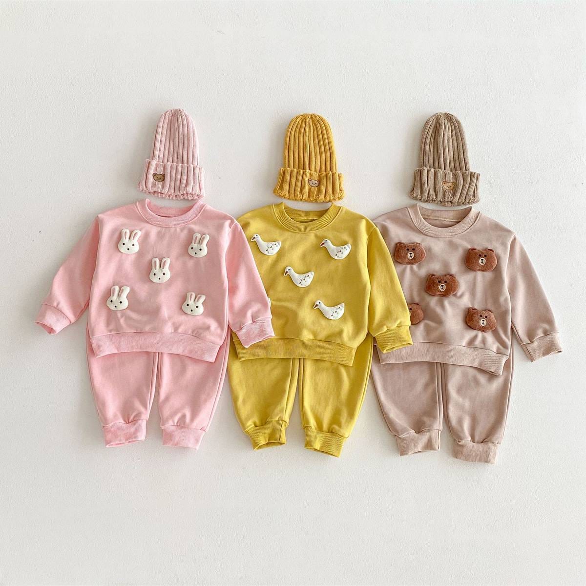 長袖セットアップ 長袖トレーナー+スウェットパンツ セットアップ 2点セット アニマル立体モチーフ くまうさぎ【mh0011385】